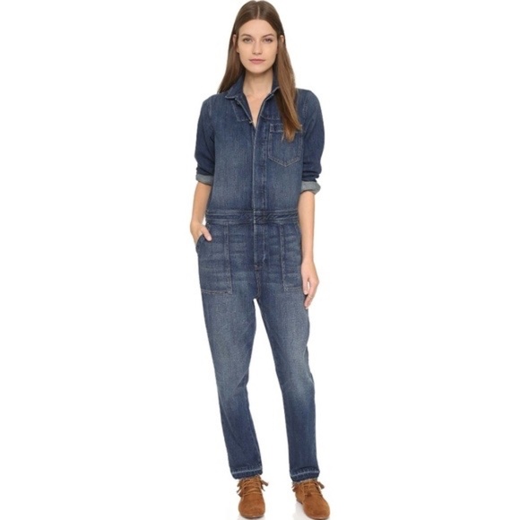 CURRENT/ELLIOTT Basic Jailbird Denim Jumpsuit Coveralls Raw Hems Pockets 0 XS - Picture 1 of 16